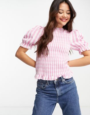 Glamorous puff sleeve shirred top in pink gingham-Multi