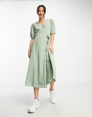 Glamorous short sleeve wrap midi dress in green micro floral-Multi