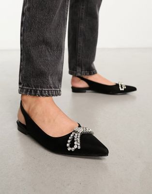 Glamorous slingback embellished bow pointed toe flats in black