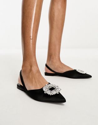 Glamorous slingback embellished pointed toe flats in black