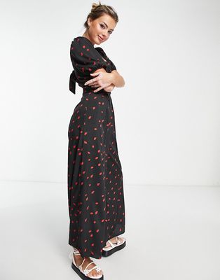 Glamorous tie back square neck jumpsuit in red strawberry print-Black