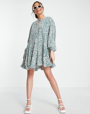 Glamorous tie neck tiered smock mini dress in teal leopard-Blue