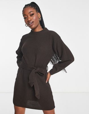 Glamorous tie waist chunky sweater dress in dark chocolate knit-Orange