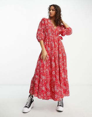 Glamorous tiered maxi wrap dress in red ditsy-Multi