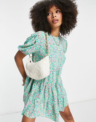 Glamorous tiered mini smock dress in green spring floral-Multi