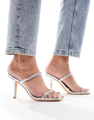 Glamorous two strap mule heeled sandals in silver