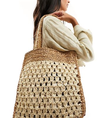 Glamorous two tone straw beach tote bag in natural-Neutral
