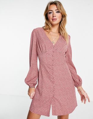Glamorous v-neck mini tea dress with balloon sleeves in pink ditsy-Multi
