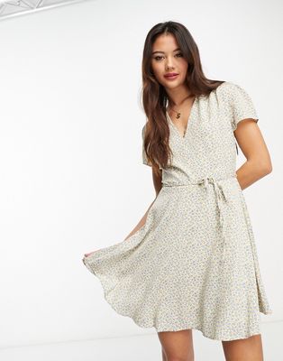 Glamorous v neck tie waist mini tea dress in cream spring floral-Multi