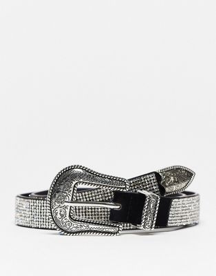 Glamorous waist and hip jeans belt in crystal with western buckle-Silver
