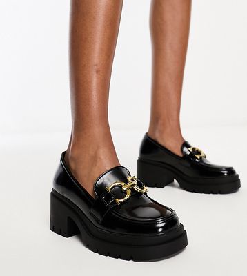 Glamorous Wide Fit chunky mid heeled loafers with buckle in black