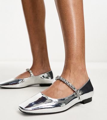 Glamorous Wide Fit embellished strap mary janes in silver metallic