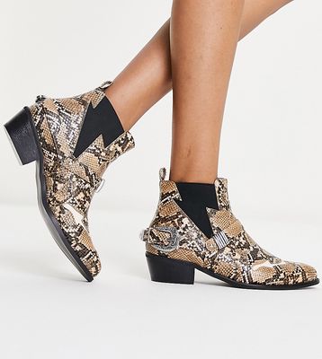 Glamorous Wide Fit mid heel ankle boots in snake print-Multi