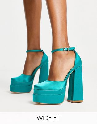 Glamorous Wide Fit platform heel sandals in teal satin-Blue