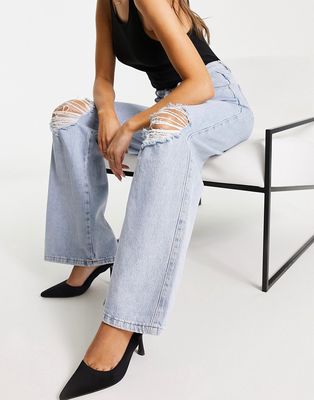Glamorous wide leg relaxed jeans in light stone wash with rips-Neutral