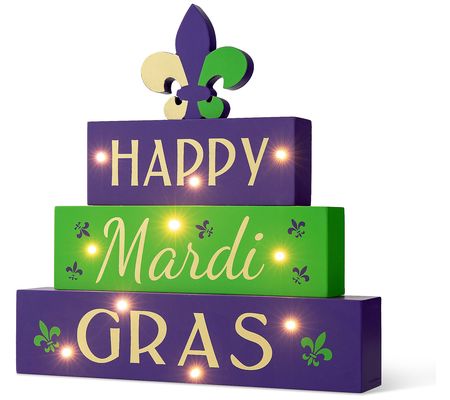 Glitzhome 11.75" Mardi Gras LED Fleur-de-Lis Bl ock Table Sign