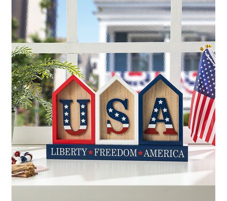 Glitzhome 13" USA Patriotic Americana House Sha ped Table Deco