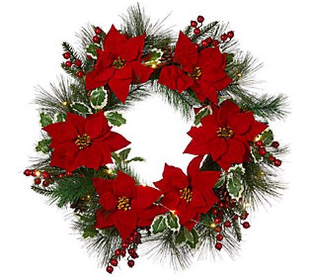 Glitzhome 24'' Poinsettia and Pinecone Lighted Holiday Wreath