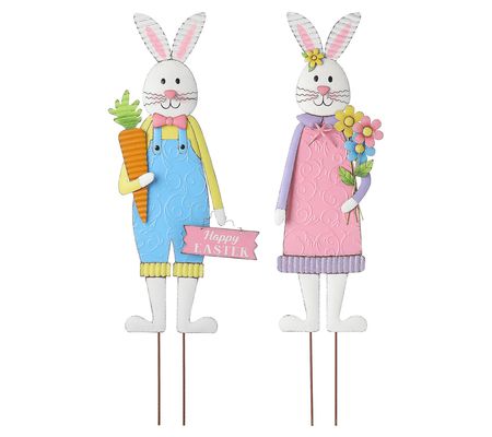 Glitzhome 36" Metal Easter Boy & Girl Bunnies Y rd Stakes S/2