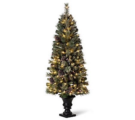 Glitzhome 5ft Flocked Pine Lighted Faux Christm as Porch Tree