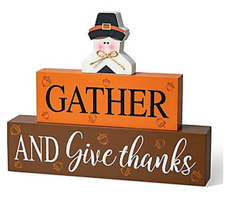 Glitzhome 9.5"L Thanksgiving Wooden Pilgrim Tab le Block Sign