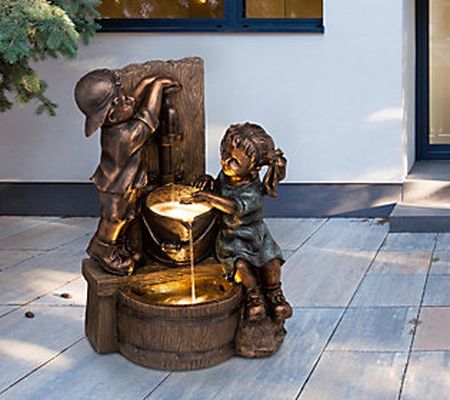 Glitzhome Boy and Girl Sculptural Outdoor Fount ain