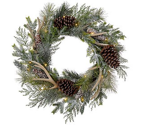 Glitzhome Flocked Pinecone & Antler Lighted Chr istmas Wreath