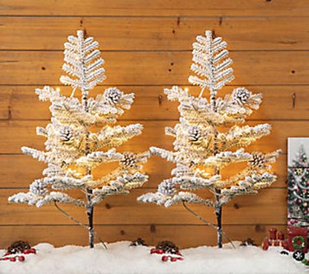 Glitzhome Set of Two 2' Pre-Lit Flocked Christm as Table Trees