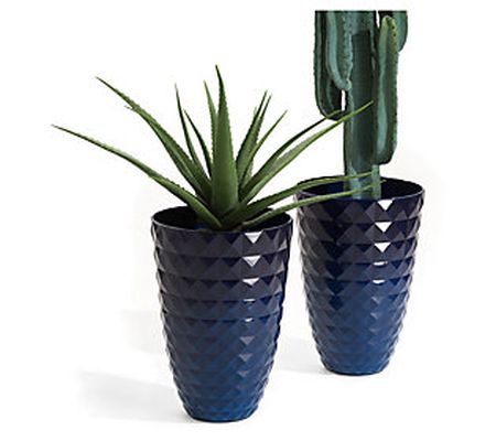 Glitzhome Tall Round Polyresin Diamond Patterne d Planters S/2