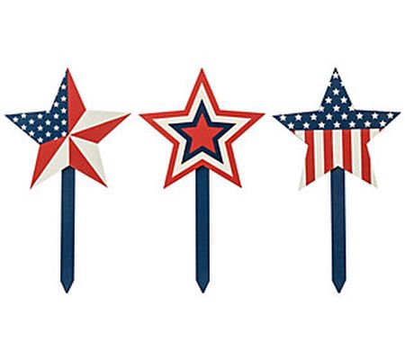 Glitzhome USA Patriotic Stars Yard or Potted Pl ant Stakes S/3