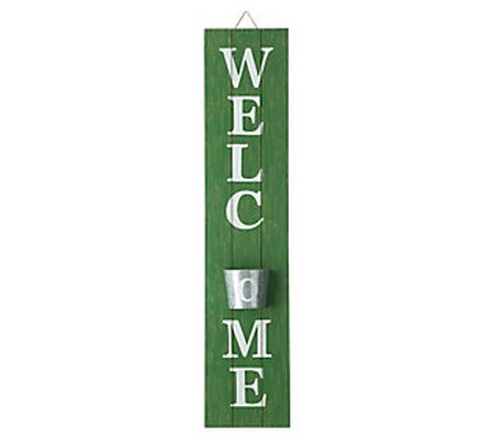 Glitzhome Washed Green Welcome Porch Sign with etal Planter