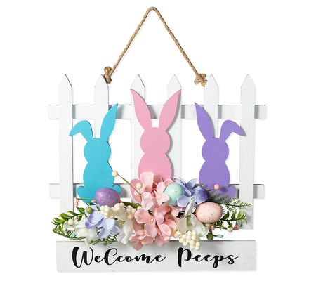 Glitzhome WELCOME PEEPS Easter Bunny On A Fence Door Hanger