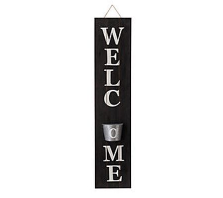 Glitzhome Wooden Black Welcome Porch Sign with etal Planter