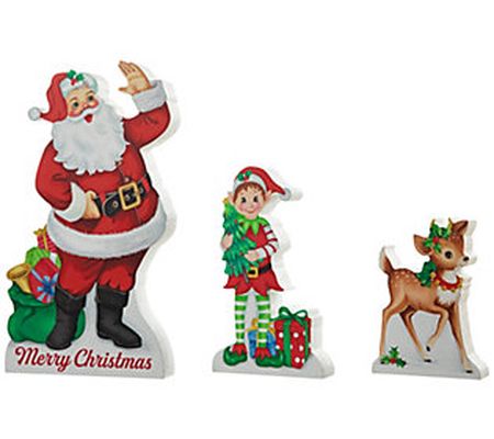 Glitzhome Wooden Christmas Santa&ELF&Reindeer T able Decor S/3