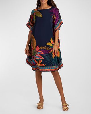 Global Floral Border Short-Sleeve Silk Dress