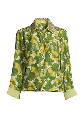 Gloria Embellished Pear-Print Silk Shirt