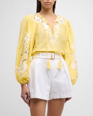 Gloria Floral-Embroidered Blouson-Sleeve Blouse