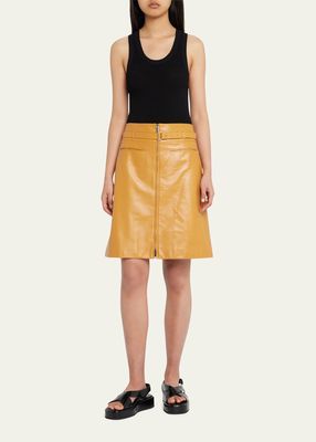 Glossy Leather Belted Skirt