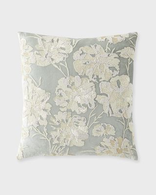 Glyes Floral Beaded and Embroidered Velvet Decorative Pillow, 22" Square
