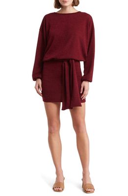 GO COUTURE Belted Long Sleeve Drop Waist Dress in Burgundy