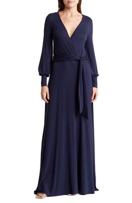 GO COUTURE Long Sleeve Faux Wrap Maxi Dress in Navy