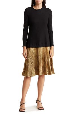 GO COUTURE Long Sleeve Metallic Skirt Mixed Media Dress in Black Gold
