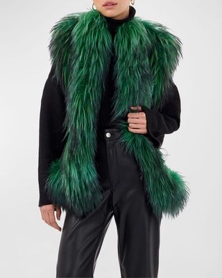 Goat Fur-Trim Collarless Leather Vest
