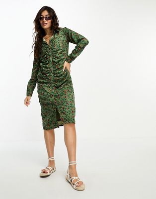 Goddiva ruched front midi dress in sage green floral