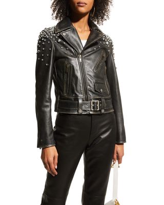 Golden Distressed Leather Jacket with Crystals