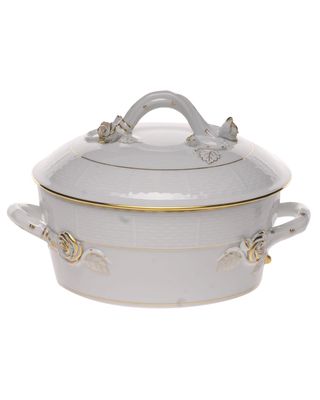 Golden Edge Small Covered Vegetable Dish with Branch Handle