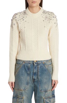 Golden Goose Crystal Embellished Virgin Wool Cable Knit Crewneck Sweater in Lambs Wool