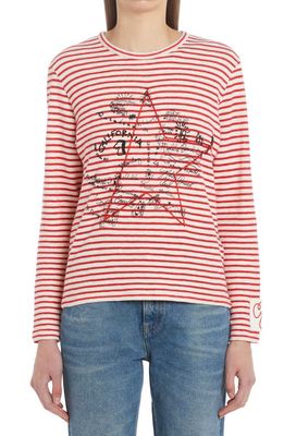 Golden Goose Embroidered Star Stripe Cotton & Linen T-Shirt in Ecru/Tango Red