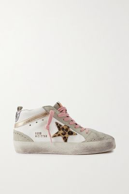 Golden Goose - Mid Star Embellished Distressed Leopard-print Calf Hair, Leather And Suede Sneakers - White