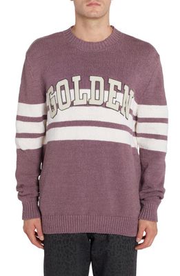 Golden Goose Regular Fit Stripe Logo Patch Linen Blend Sweater in Purple/White